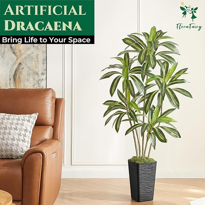 6FT Artificial Dracaena Tree with Black Planter - Real Touch Fake Plant for Home & Office Decor, Faux Yucca Indoor Floor Tree