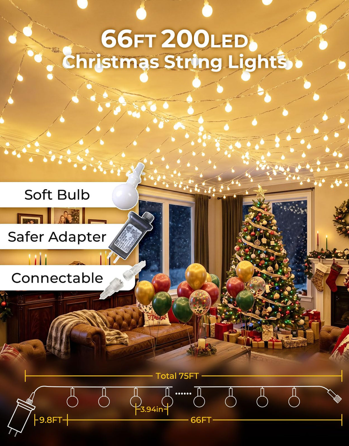 LitHome 66FT Globe String Lights for Indoor Bedroom Connectable, Warm White