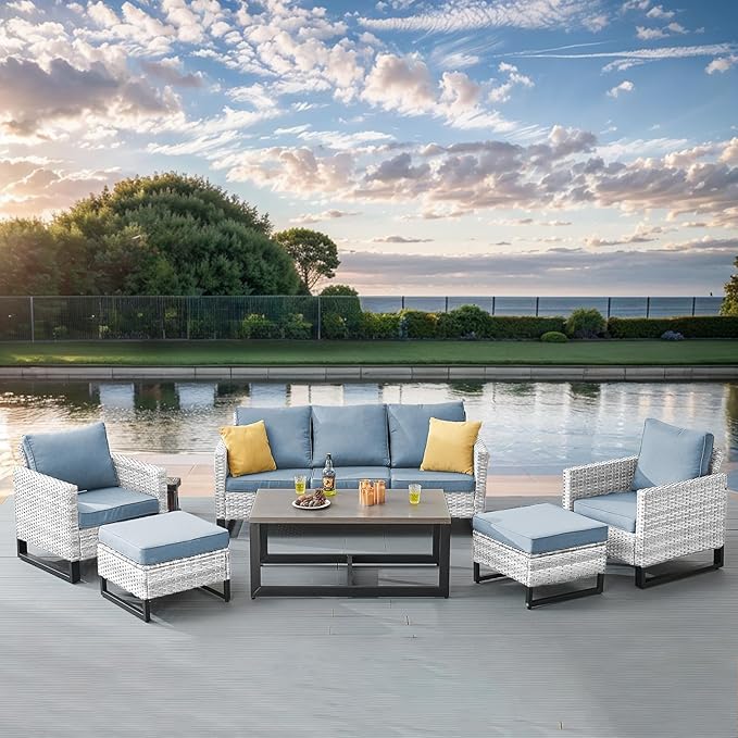 Belord 6 Piece Outdoor Furniture Patio Wicker Sofa Set, Oversize Outdoor Dining Chairs with Rattan Ottomans, Conversation Sets Patio Furniture Come with Removable Cushion Baby Blue, Light Grey