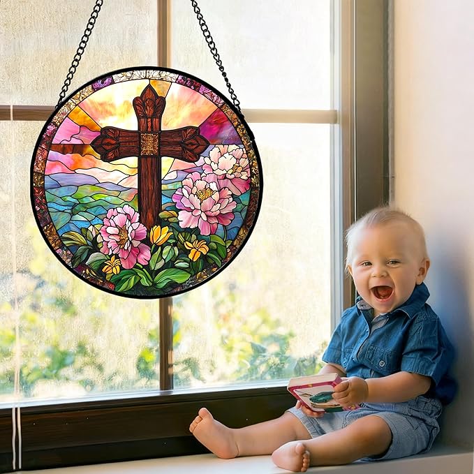 JOSUMALY Christian Gifts for Women - Cross Stained Glass Window Hanging Jesus Easter Pink Flower Peony Sun Catcher Garden Religion Decor Mother's Day Catholic Gift for Men Grandma Mom Her Nana 15"