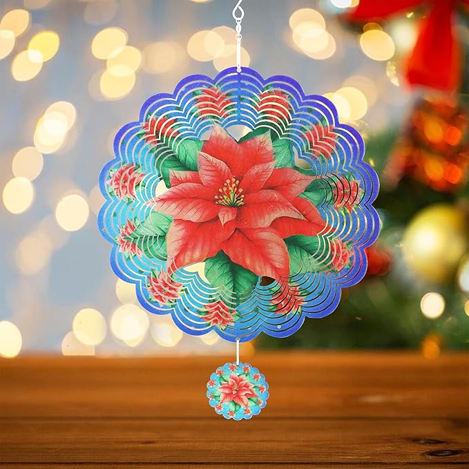 Wind Spinners Outdoor Christmas Poinsettia - Birthday Gifts for Women Mom Grandma, Hanging Wind Sculptures 12 inch 3D Wind Spinner for Garden Decor for Outside, Garden, Patio, Yard, Outdoor（Red