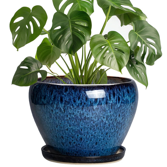 Thirtypot 8 Inch Plant Pot - Ceramic Planter for Indoor Plants Outdoor, Round Planter with Drainage Hole and Saucer, Modern Decorative Flower Pots, Home Office Room Decor, Plant Lovers Gifts, Blue