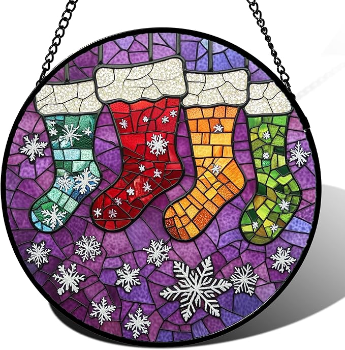 Stained Glass Window Hanging - Christmas Stockings Suncatcher for Doors Home Christmas Decoration Winter Sun Catcher Thanksgiving New Year Birthday Gifts for Women Men Mom Nana Girl 11.8 in