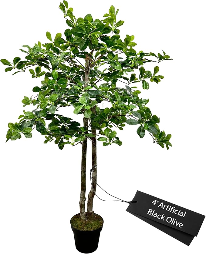 Cypress & Alabaster Handmade 4ft Italian Black Olive Leaf Artificial Tree with Ethically Sourced Real Wood Trunks, Hypoallergenic, 4-Foot, Green