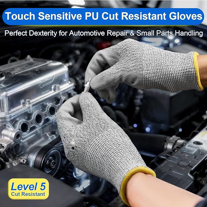 Dowellife Level 5 Cut Resistant Work Gloves for Men and Women, PU Coated Breathable Gardening Gloves, Thin Flexible and Firm Grip for Mechanics and Fishing (Large, Grey)