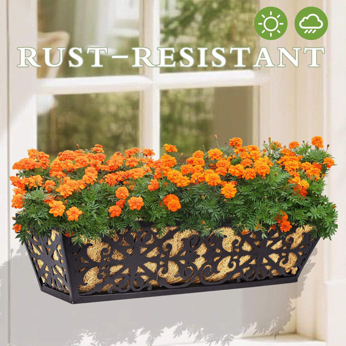 Karlliu 4 Pack 24 Inch Window Boxes Planters Railing Planter Box with Adjustable Brackets & Coco Liners Fabric Plant Grow Bags Deck Railing Planter Boxes Balcony Hanging Flower Box for Outdoor Plants