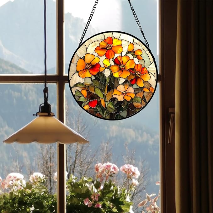 Stained Glass Window Hanging - Orange Marigolds Flowers Suncatcher for Door Garden Yard Sun Catchers Decor Christmas Mother's Day Birthday Gifts for Women Mom Nana Girlfriend Men 6.3 in