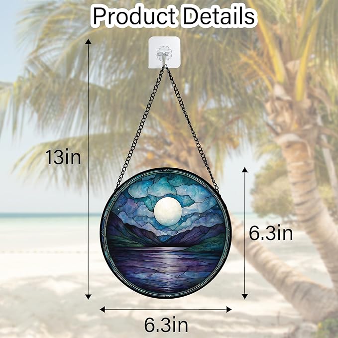 Stained Glass Window Hanging, Blue Night Moon Lake Sun Catchers Colorful Glass Panel Landscape Suncatcher Decor for Birthday for Women, Men, Wife, Aunt, and Mom 6.3 in