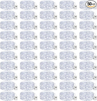 litogo 50 Pack 7FT 20 LED Fairy Lights Battery Operated, 3 Lighting Modes, Bulk Mini Twinkle String Lights Waterproof Silver Wire for Weddings Mason Jars Party Christmas Decorations-Cold White