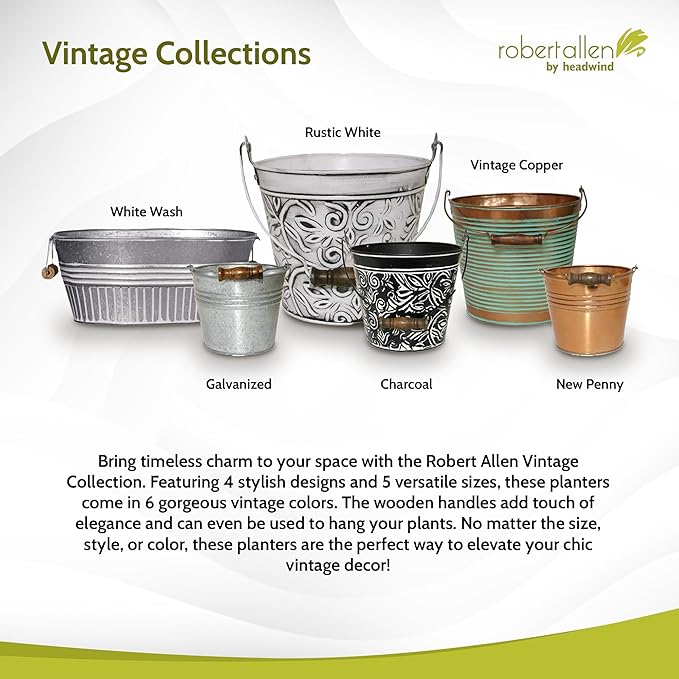 Headwind Robert Allen Vintage Ribbed Metal Planter with Handle, 10-Inch, New Penny – Lightweight Indoor/Outdoor Flower Pot with Drainage Hole