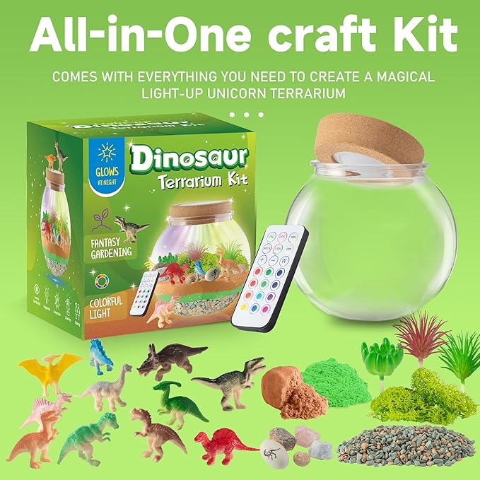 Dinosaur Light-Up Terrarium Kit for Kids - LED Night Light Birthday Gift for Boys Ages 4 5 6 7 8-12 Year Old - Dinosaur Toys for Boys - DIY Arts and Crafts Kit for Kids