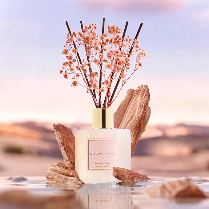 Cocorrína Premium Reed Diffuser Set with Preserved Baby's Breath & Cotton Stick Sandalwood Rose | 6.7oz Scent Fragrance Oil Diffuser for Bedroom Bathroom Home Décor