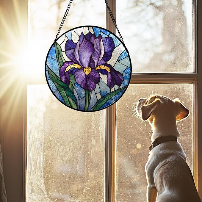 HWRHTR Stained Glass Window Hanging - Iris Birth Flower Suncatcher for Doors Garden Yard Purple Blue Sun Catchers Decor Christmas Mother's Day Birthday Gifts for Teacher Women Mom Nana 15 in