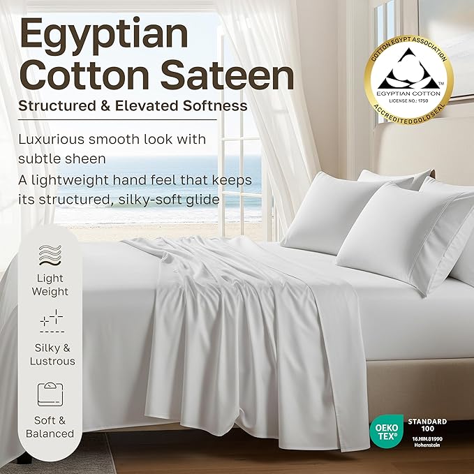 California Design Den 100% Egyptian Cotton Sheets Queen Size Set - Certified Authentic Luxury Queen Sheet Set with Deep Pocket, Soft Sateen, Breathable & Durable Bed Sheets, White Sheets