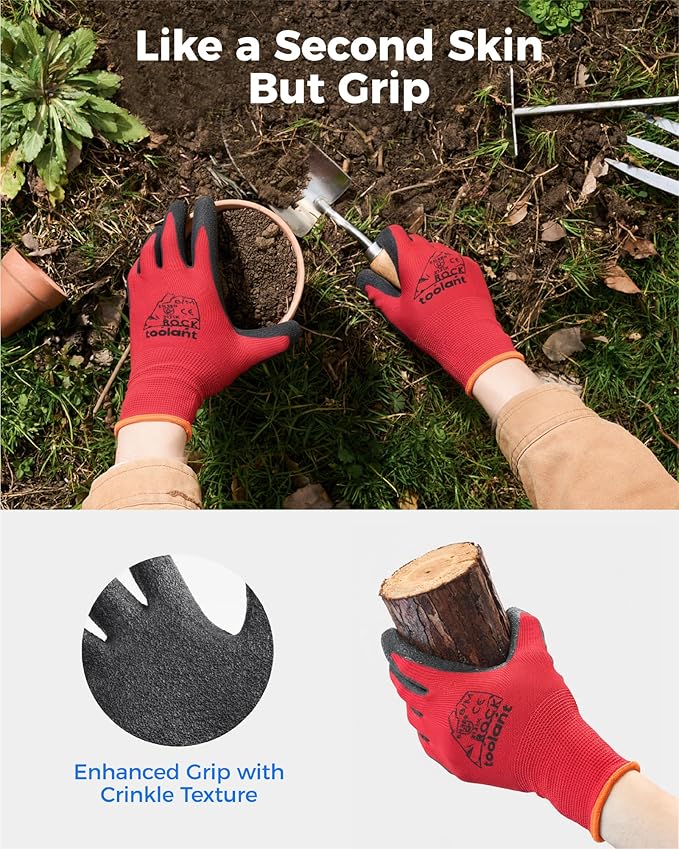 toolant Crinkle Latex Work Gloves Bulk, Rubber Coated Safety Work Gloves for Men and Women, 12 Pairs for Construction, Gardening, Warehouse (Black & Red, Medium)