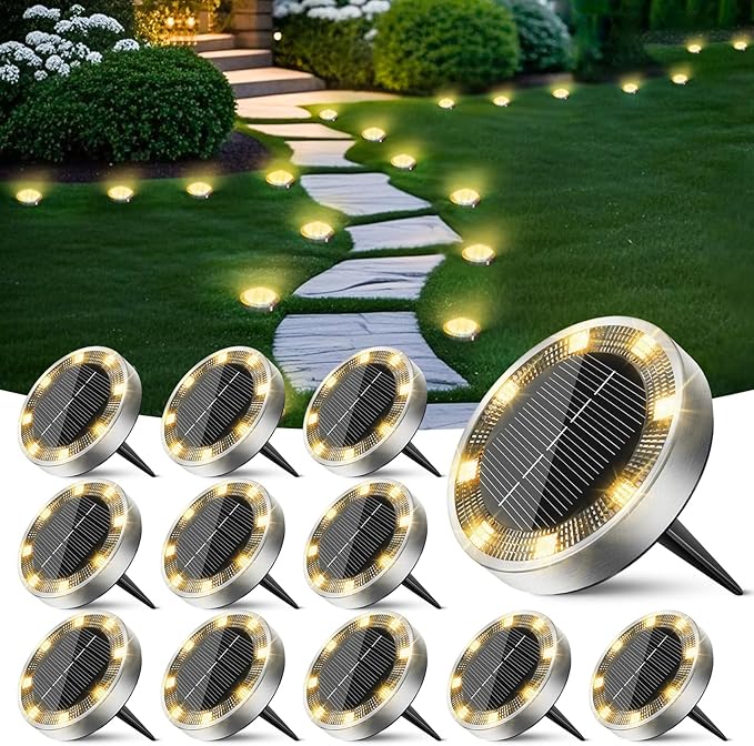 Peasur Mini Solar Ground Lights Outdoor, 12 Pack Flat Solar Powered Disc Lights, IP68 Waterproof, Anti-Rust, Landscape Lighting for Pathway Garden Yard Lawn Walkway Landscape Driveway, Warm White