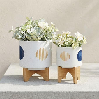 Ceramic Planter Set with Bamboo Stand – Plant Stand Indoor For Everyday Greenery, Living Room or Patio, Geometric Design Planter with Stand For Sculptural Home Decor Display – 11" 7", White