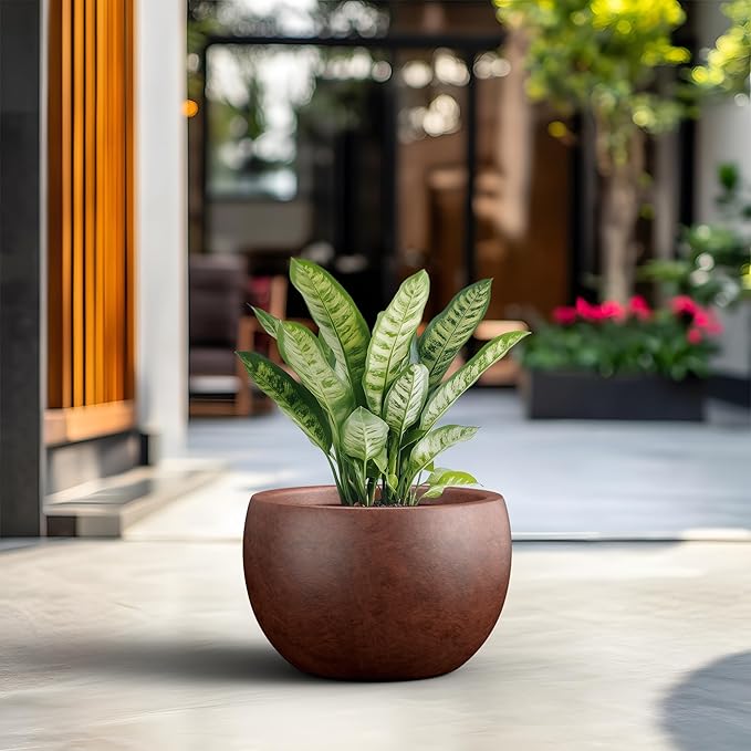 Kante 15.7" Dia Round Concrete Planter, Outdoor/Indoor Large Bowl Plant Pots with Drainage Hole and Rubber Plug for Garden Patio Balcony Home, Rusty