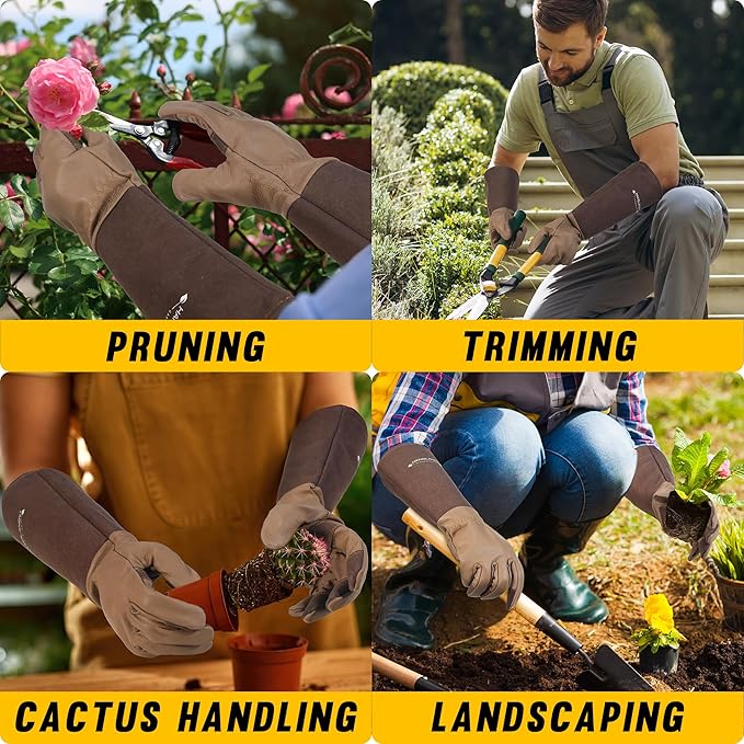 HANDLANDY Long Gardening Gloves for Men & Women, Cowhide Leather Rose Pruning Gloves- Breathable & Durable Gauntlet Glove (Large, Brown)