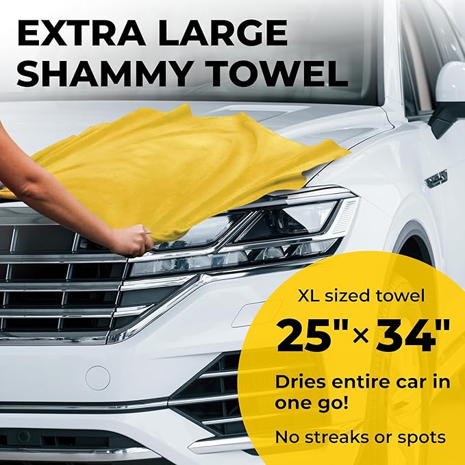 Premium XL Shammy Towel for Car - 2pk (34”x25”) - Super Absorbent Chamois Cloth - Spots & Scratch-Free - Reusable Car Drying Towels