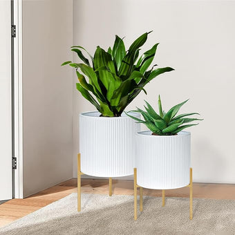 ARNIS Modern Plant Pots, Set of 2 Round Large Planters with Stand, Large Size Metal Pots with Drainage Holes for Living Room, Office, Garden or Balcony, 10.5 &12.25 Inch, White & Gold