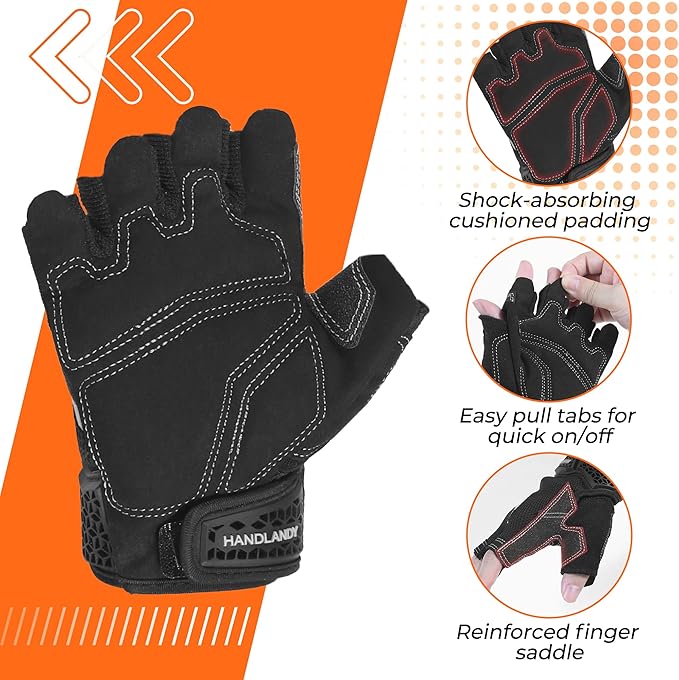 HANDLANDY Fingerless Work Gloves for Men, Half Finger Working Glove Grip Shock-Absorbing Breathable Uwrist TPR Anti-collision Gloves for Mens & Women (Black, XL)