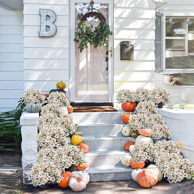 Uieke 72 Bundles Outdoor Artificial Flowers UV Resistant Outdoor Fake Flowers No Fade Faux Plastic Plants for Garden Porch Window Box Home Outside Spring Summer Décor (White)