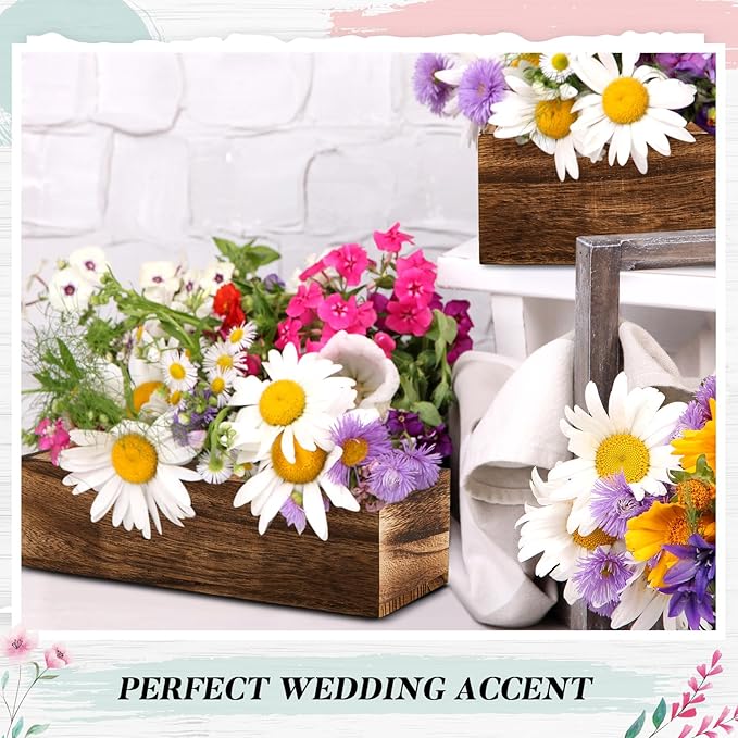 Dandat 4 Set Wood Boxes for Centerpieces 12x4 Inch Rectangle Wooden Planter Box Rustic Wood Planter with Removable Plastic Liner Floral Foam Blocks for Centerpieces Home Wedding Garden Decor