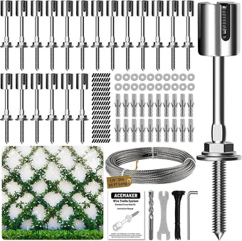 Acemaker Wire Trellis for Climbing Plants Outdoor, 20-Set Wall Wire Trellis Kit with 1/8in x 98ft Stainless Steel Cable, T316 Espalier System for Fence and Garden DIY Projects