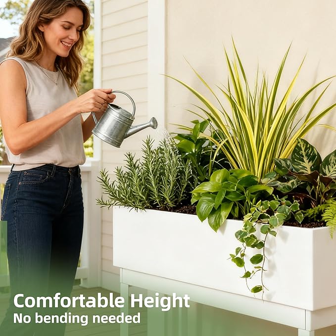 WORTH Raised Metal Planter Box with Legs, 28" Elevated Garden Bed for Indoor & Outdoor Use – Glossy White Galvanized Steel Planter with Inner Shelf, Drainage Holes, Plug for Vegetables, Flowers, Herbs