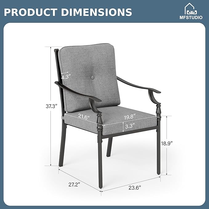 MFSTUDIO Outdoor Patio Dining Chairs Set of 4, Heavy-Duty Patio Chairs with Cushions, Wrought Iron Deck Chairs for Outside, Backyard, Garden