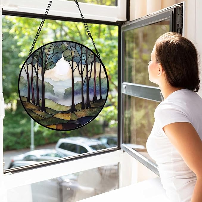 DASTOLL Stained Glass Window Hanging, Green Brown Smoke Forest Moon Suncatcher for Doors Window Home Tree Sun Catchers Decor Mother's Day Birthday Gifts for Women, Men Mom 7.8 in