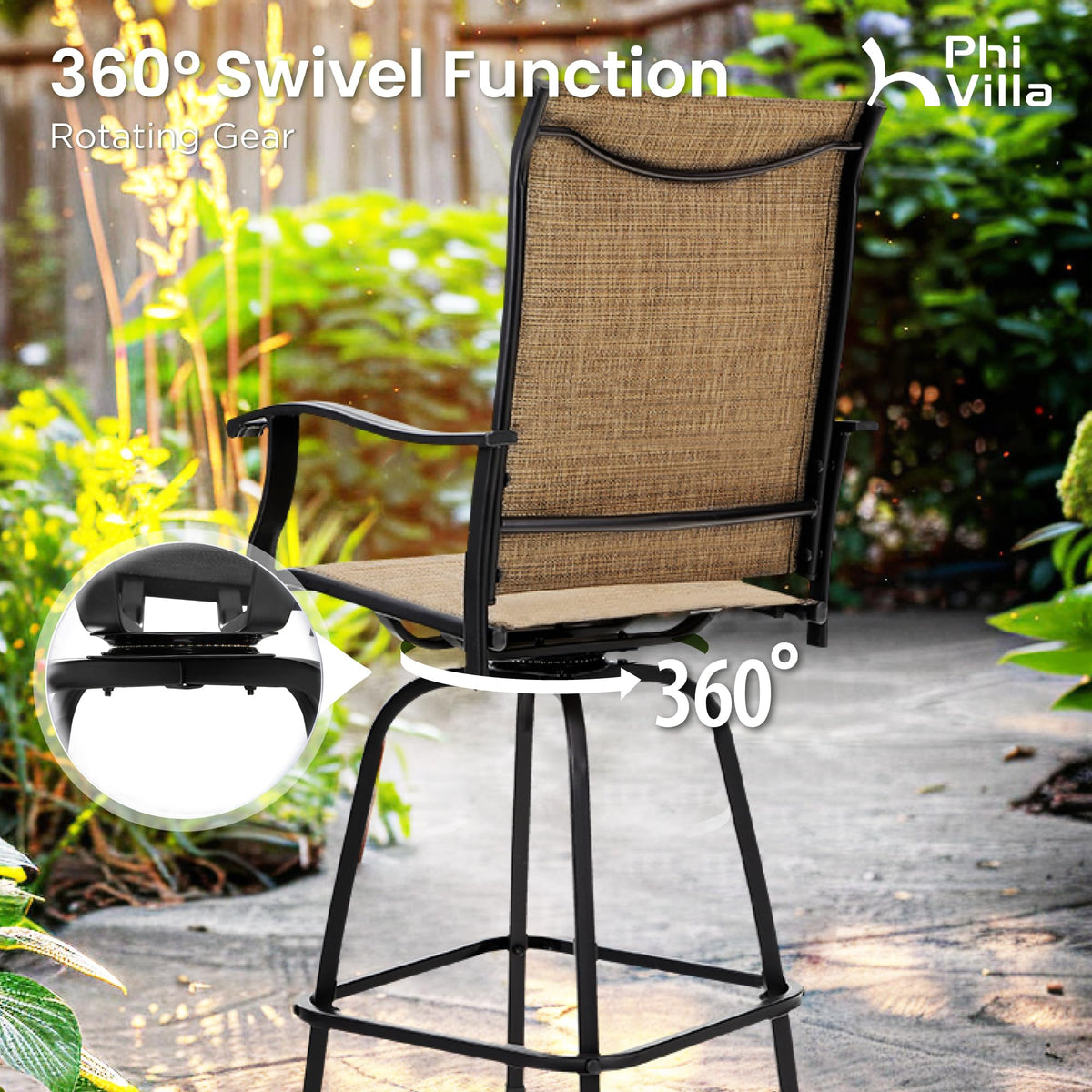 PHI VILLA 3 Piece Outdoor Swivel Bar Stools Set, Bar Height Patio Set