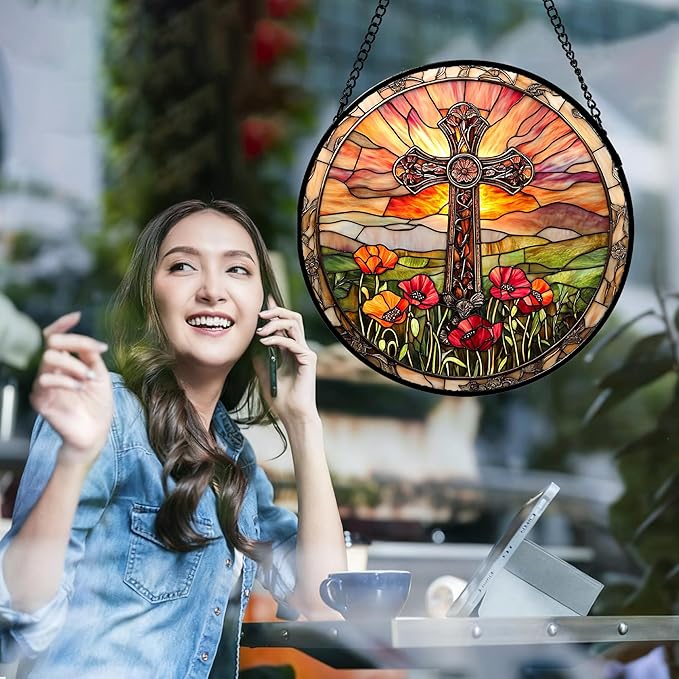 JOSUMALY Christian Gifts for Women - Cross Stained Glass Window Hanging Jesus Easter Poppy Sunset Landscape Sun Catcher Garden Religion Decor Mother's Day Catholic Gift for Men Grandma Mom Her 15"