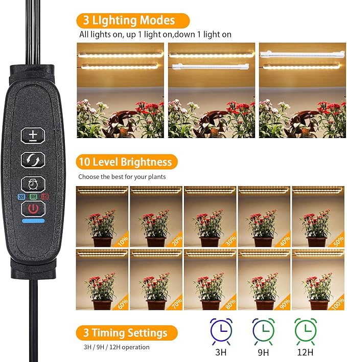 8.6'' Mini Two Strip Growing Lamp for Indoor Plants, 3000K Full Spectrum LED Grow Light Strips with Auto ON/Off 3/9/12H Timer & 10 Dimmable Levels for Green House Succulent (2 Head×2 Pack)