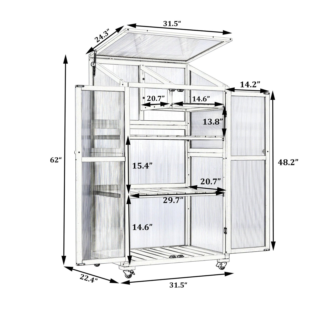 62" Wooden Greenhouse with Wheels - Adjustable Shelves Portable Cold Frame for Balcony/Patio, UV-Resistant Indoor Outdoor Plant Growing Cabinet (Large, Heavy-Duty) (Green)