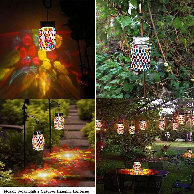 Mosaic Lights Outdoor Hanging Lanterns, Rechargeable Mosaic Solar Lanterns， Outdoor Waterproof Solar Night Lights Table Lamps for Decorations