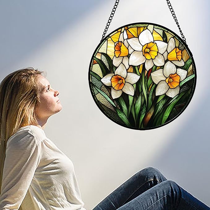 AMDERVEN Stained Glass Window Hanging, Yellow and White Daffodils Sun Catcher for Door Home Decor Plants Flowers Suncatcher Christmas Mother's Day Birthday Gifts for Women Men Mom Nana 6.3 in