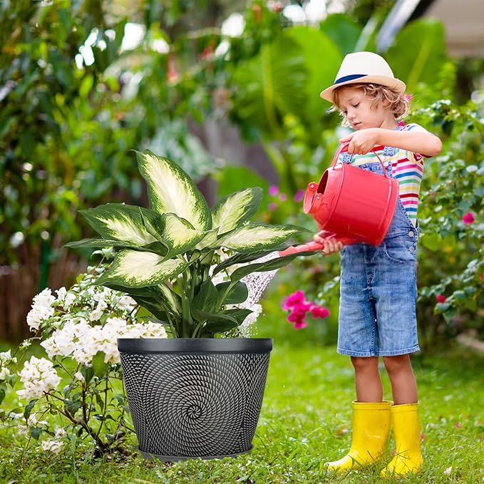 Quarut 15 Inch 4 Pack Large Plant Pots, Plastic Flower Pot for Indoor & Outdoor with Drainage Holes & Saucer, Circle Pattern Planters Garden Pots for Herbs