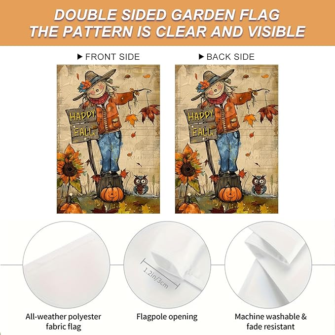 Happy Fall Garden Flag Scarecrow Owl Flag Sunflowers Autumn Leaves Rustic Harvest Season Decor Farmhouse Style 12x18 Inch Double Sided For Front Porch Lawn Patio Seasonal Home Decoration