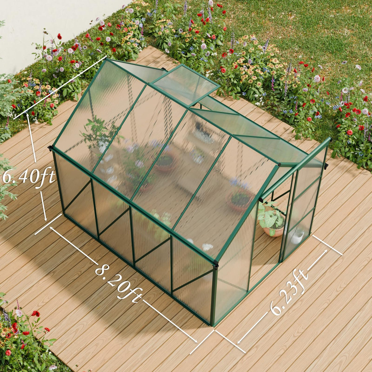 6x8 FT Green Outdoor Walk-in Polycarbonate Greenhouse Adjustable Roof Vent Sliding Door Aluminum Frame Galvanized Base for Backyard Gardening Plants Vegetables Flowers UV Protection Greenhouse