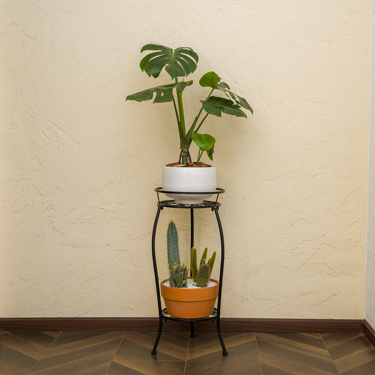 FaithLand 2 Tier Tall Black Metal Plant Stand Indoor Outdoor, 26.5"
