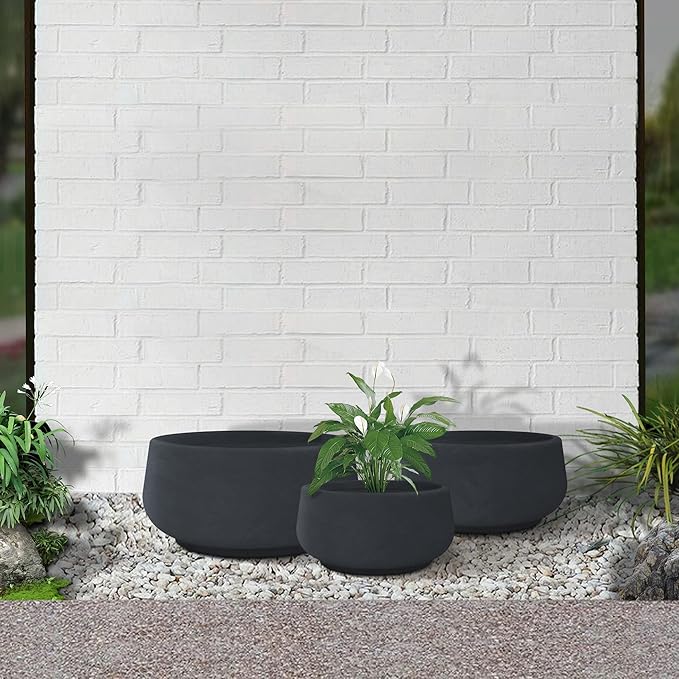 Kante 21.6",16.9",and 12.5" Dia Round Charcoal Elegant Planters (Set of 3), Outdoor Indoor Garden Plant Pot with Drainage Hole and Rubber Plug for Home & Patio