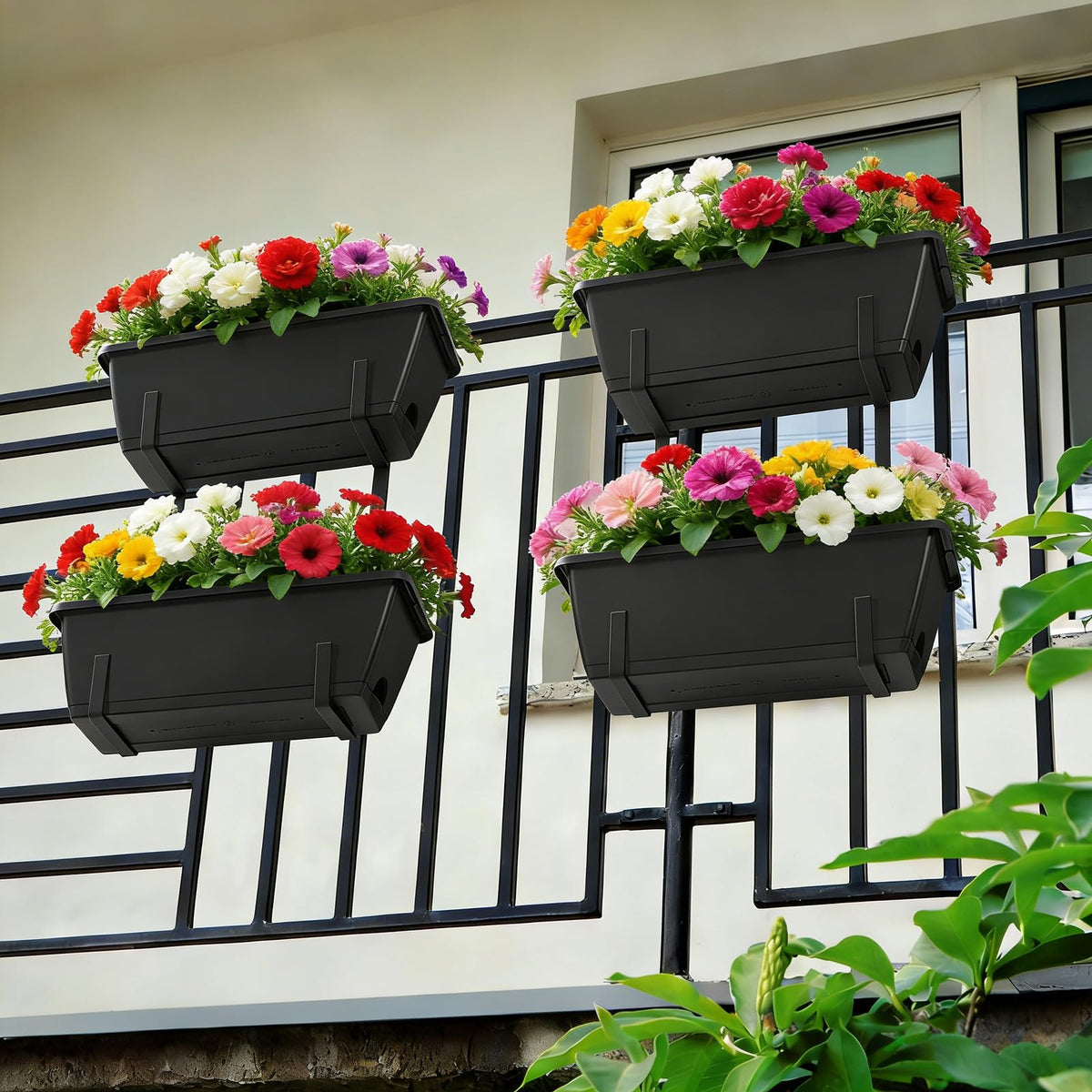 2 Tier Railing Planter Box Set of 2, 4 Pack Black Window Boxes Planters
