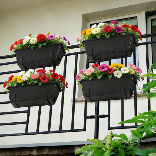 2 Tier Railing Planter Box Set of 2, 4 Pack Black Window Boxes Planters
