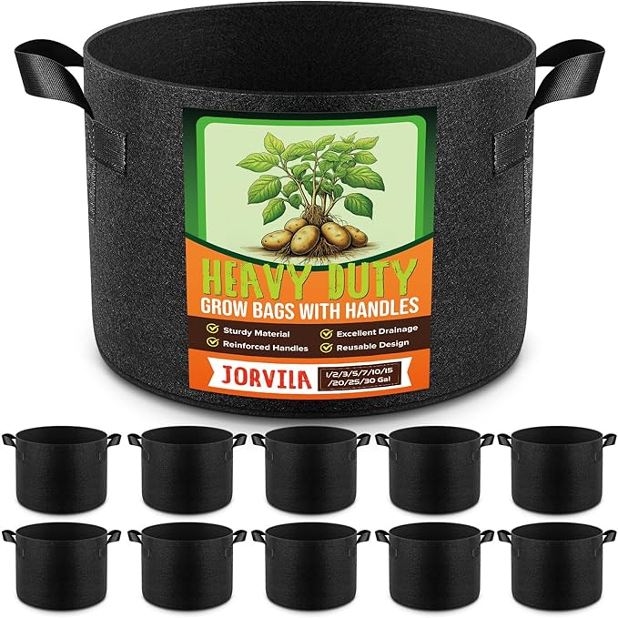 Jorvila 10 Pack 25 Gallon Grow Bags, Thickened Nonwoven Fabric Planter Pots with Handles, Heavy Duty 300G Garden Pots for Tomato, Potato and Vegetable