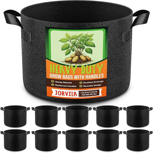 Jorvila 10 Pack 2 Gallon Grow Bags, Thickened Nonwoven Fabric Planter Pots with Handles, Heavy Duty 300G Garden Pots for Tomato, Potato and Vegetable