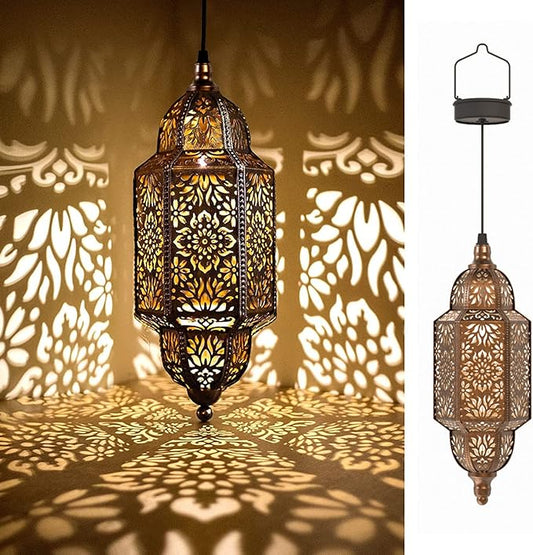 Twinkya Hanging Solar Lights Outdoor Garden Decorative Solar Lantern Waterproof Metal Moroccan Outdoor Decorations for Patio Pathway Yard Porch Backyard Garden Decor (Gold, 1 Pack)