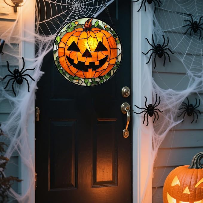 Stained Glass Window Hanging, Halloween Decorations Evil Pumpkin Suncatcher for Doors Garden Indoor Spooky Funny Orange Sun Catchers Gothic Decor Horror Gifts for Women Men Friend 6.3 in