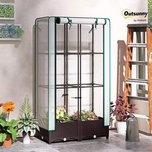 Outsunny Plastic Raised Garden Bed with Trellis 31.5" x 15.7" x 48.8" Brown